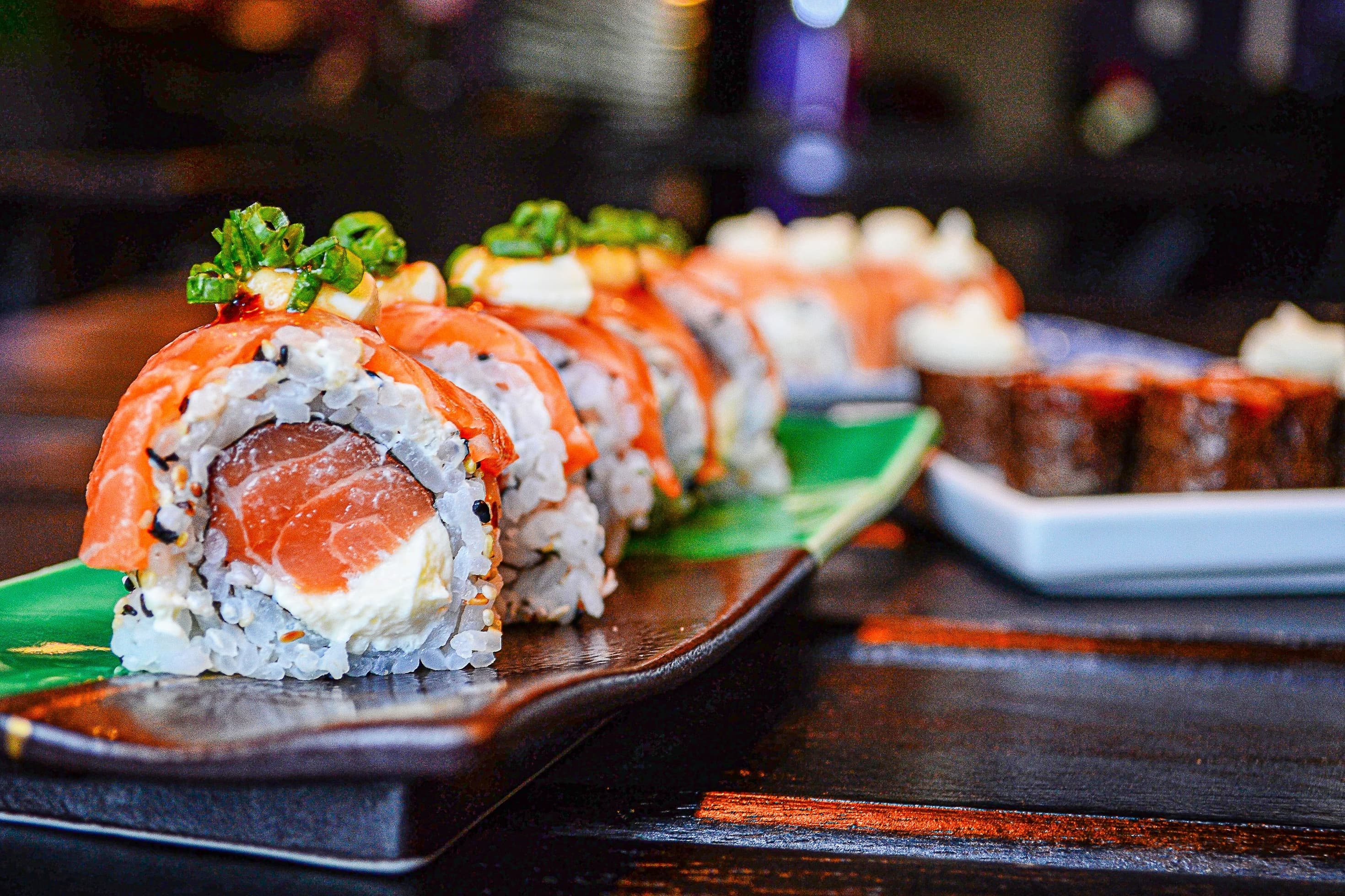 Sushi conveyor belt in motion